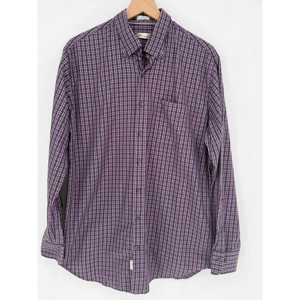 Peter Millar Button Down Mens Large Purple Plaid Long Sleeve Cotton Casual Shirt